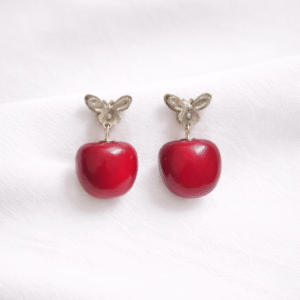 Silver Bow Cherry Drop Earrings